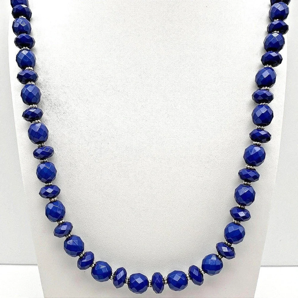 Vintage 90s Gold Tone Blue Faceted Beaded Statement Necklace Women's Jewelry Y2K